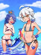 artist:ecchiartistidk beach bikini character:lucky_charm character:mitty character:spiney ocean sweating swimsuit tummy // 3012x3975 // 1.5MB